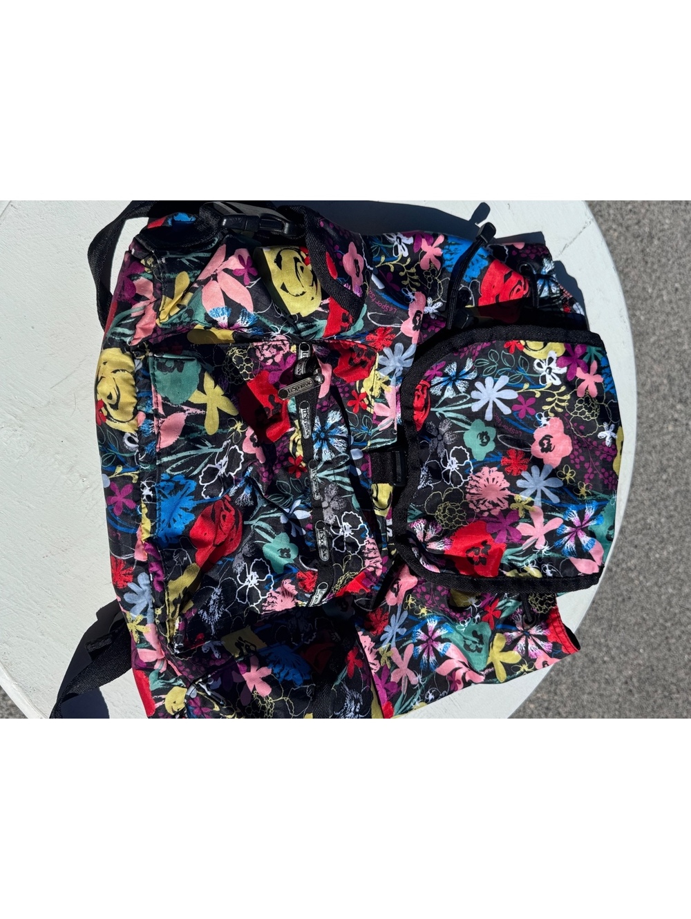 LeSportsac Floral Backpack Black Multicolor Nylon Drawstring Buckle Red Interior